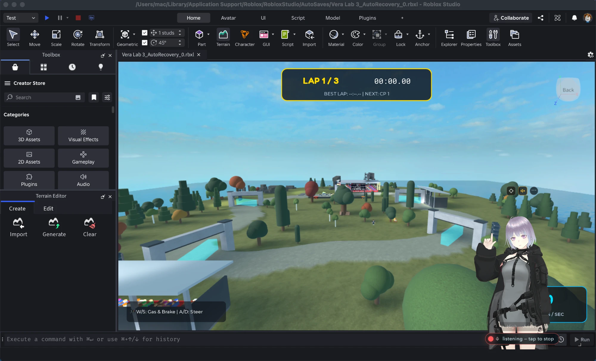 Vera listening in Roblox Studio beside a race track