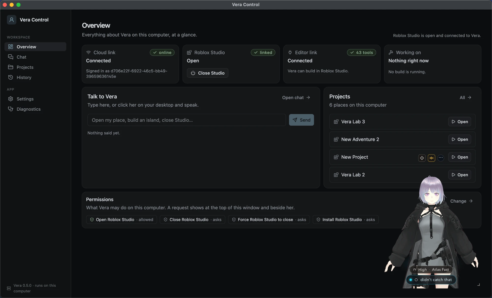 The Vera Control dashboard with links, projects and permissions